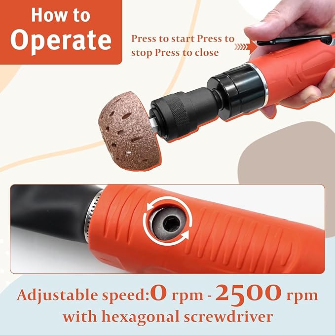 Low Speed Air Tire Buffer Kit, 2500 RPM Pneumatic Buffer Tool with Tungsten Buffing Wheels, Patch Roller and Inner Liner Scraper for Rubber Surface Prep and Patch Repair