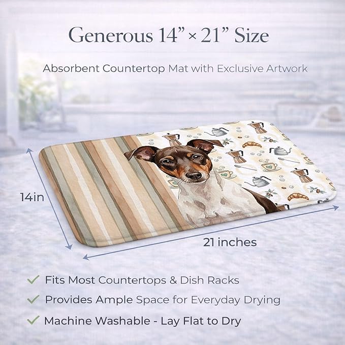Caroline's Treasures Chocolate and White Rat Terrier Coffee Bar Dish Drying Mat Absorbent Dish Drying Mat Pad for Kitchen Counter Dish Drainer Mat for Countertop, 14 x 21", Multicolor