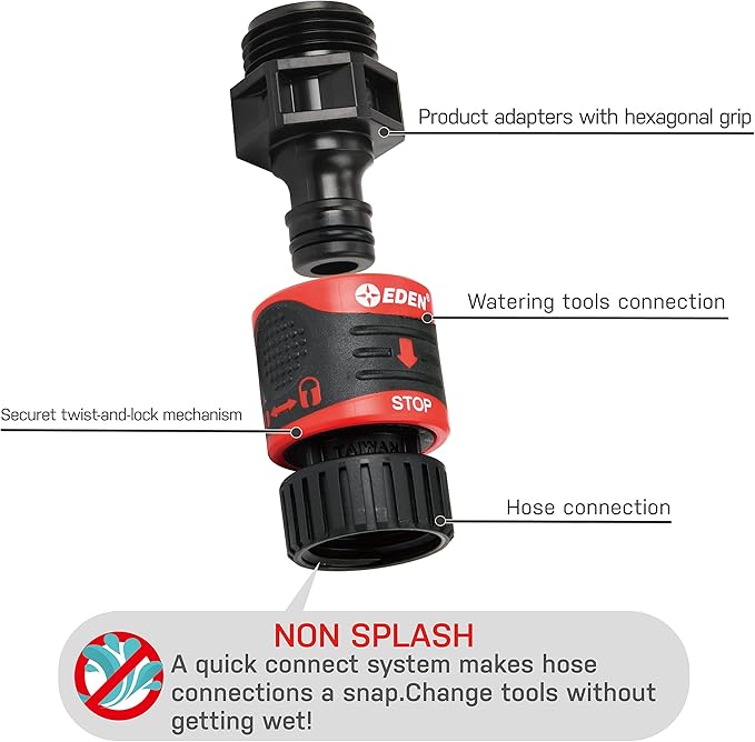 Eden 96806 Heavy Duty Metal Garden Hose Spray Nozzle Quick Connect Starter Set with Eden 99909 Quick Connect Starter Kit (9 pc Set)