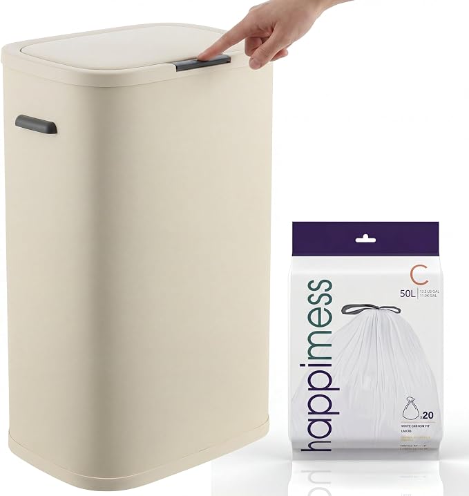 happimess HPM1017D Tammi Kitchen 14.5-Gallon Slim Metal Push Button Trash Can, Fingerprint Resistant, Modern, Minimalistic for Home, Kitchen, Laundry Room, Office, Bedroom, Bathroom, Limestone Beige
