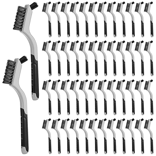 Reallnaive 50 Pcs Mini Wire Brush Set 7 Inch Stainless Steel Brass Nylon Bristles Small Wire Brushes for Rust Removal Paint Scrubbing Deep Cleaning(Nylon,Gray)