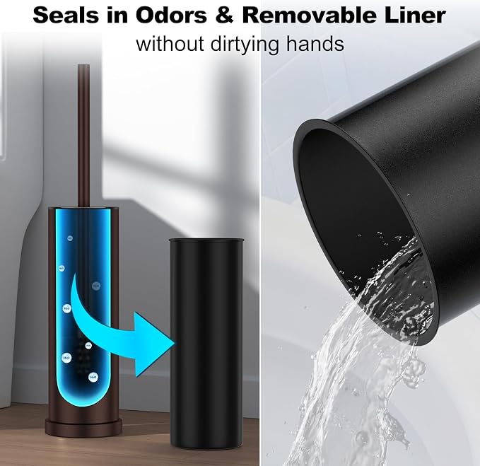 Bronze Toilet Brush and Holder Set，Stainless Steel Heavy Duty Toilet Bowl Brush，Extra Long Handled Modern Toilet Cleaner Brush with Replaceable Head, Removable Inner Bowl, and Splash Protection