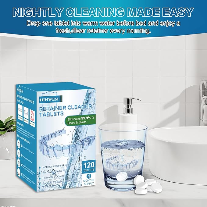 Retainer Cleaner Tablets, Denture Cleaner Effervescent Tablets - 120 Count, 4 Month Supply, Remove Stains & Odors for Clear Aligners, Night Guards, Mouthguards, Non-Abrasive, Bleach-Free