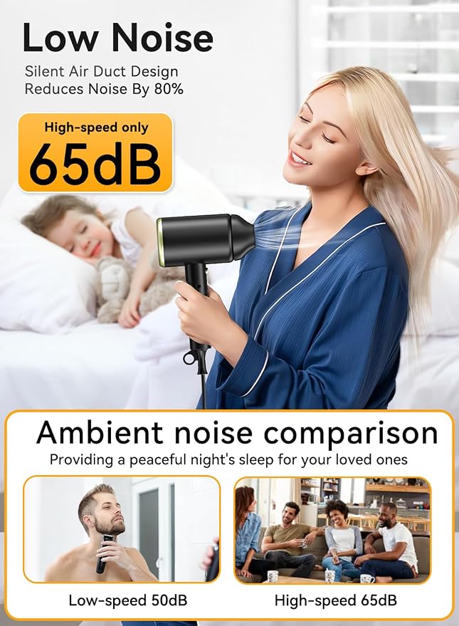 Hair Dryer, 150000RPM Ionic Blow Dryer - Fast Drying, Low Noise, Foldable Portable with Diffuser and Nozzle, Compact Mini for Women and Men, Home and Travel(Black)