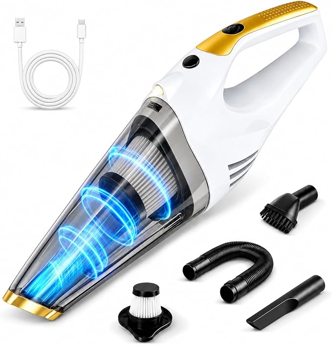 Handheld Vacuum Cordless Rechargeable, Portable Car Vacuum Cleaner | Strong Suction Hand Vacuum with LED Light, Washable Filters and Attachments for Car, Pet Hair, Home and Office