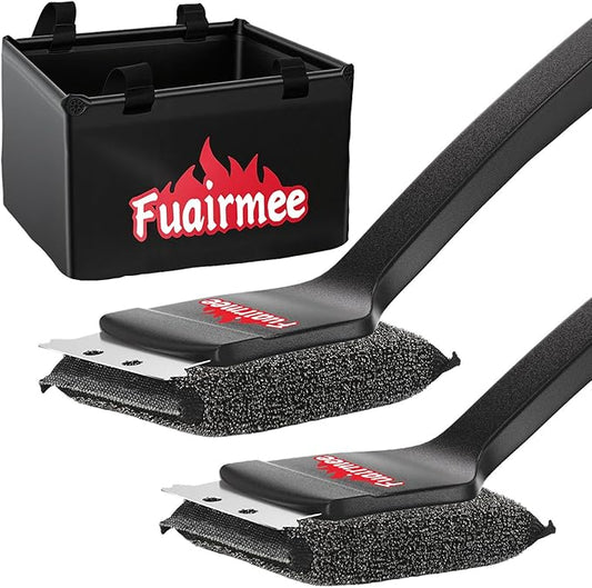 2PCS Bristle Free Grill Brush for Outdoor Grill, with Water Dunk Basin（Black, Steel Fiber Grill Brush for Cast Iron/Porcelain/Charcoal/Stainless Steel Grates