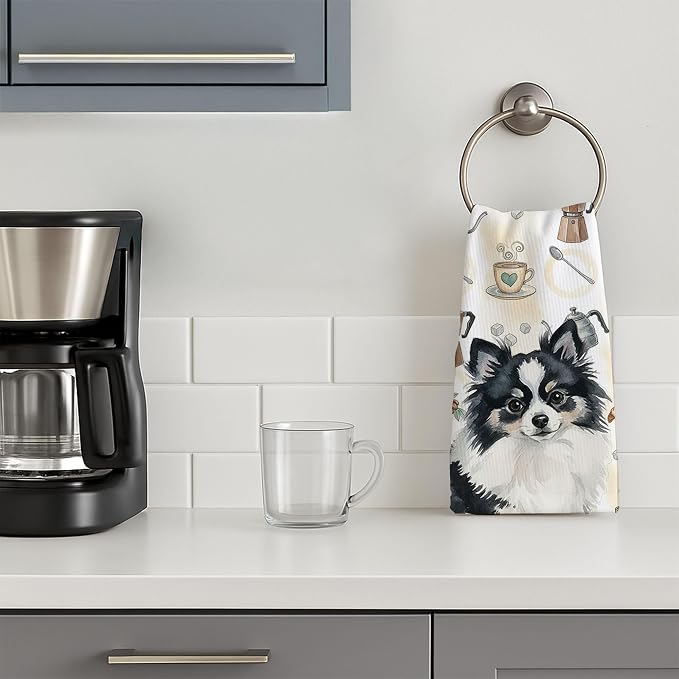 Caroline's Treasures Black and White Pomeranian Coffee Bar Kitchen Towel Velour Plush Front and Cotton Loop Back Machine Washable
