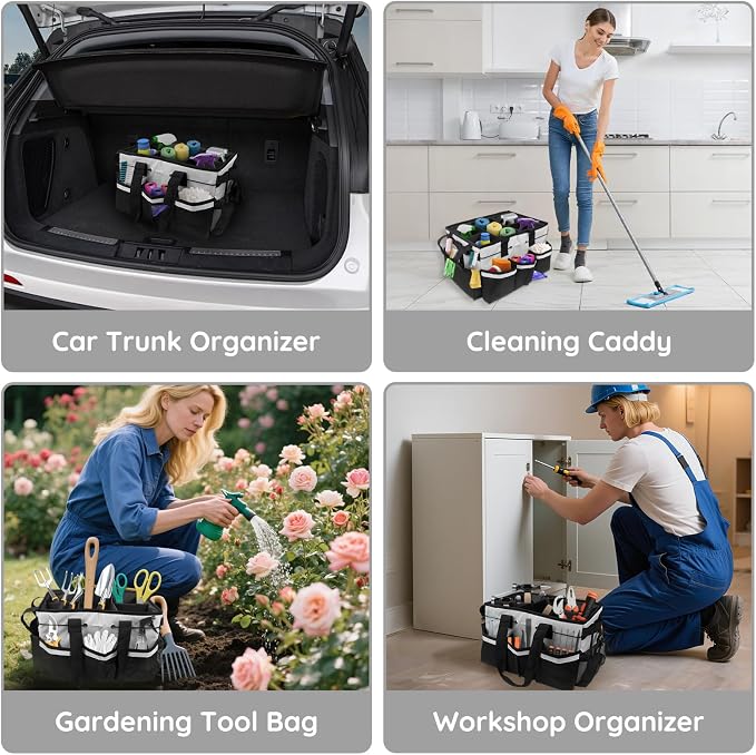 ZKOO Large Cleaning Caddy Bag with Handle, Built-in Sturdy Support Board, Adjustable Shoulder Strap, Multi-compartment Design Cleaning Supply Tote for Cleaners & Housekeepers (White)