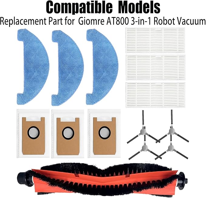 Replacement Parts for Giomre AT800 / Loorow AT800 3-in-1 Robot Vacuum Accessories 1 Main Brush 4 Side Brush 3 HEPA Filter 3 Mop Pad 3 Dust Bags
