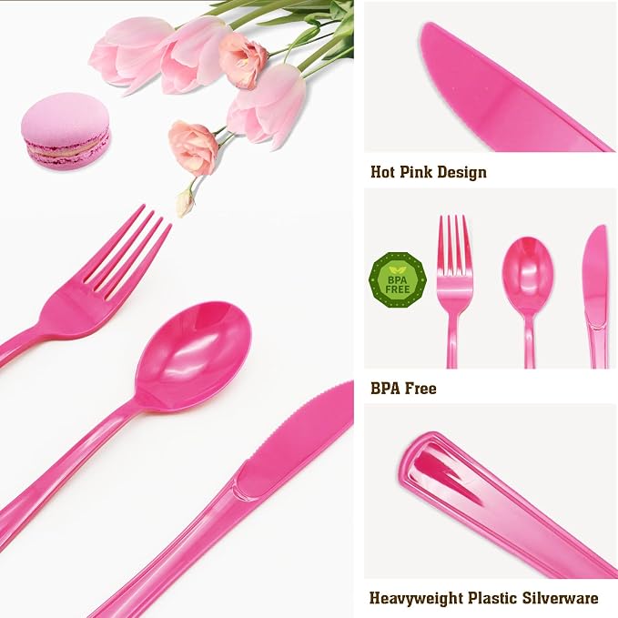 150 Pcs Hot Pink Plastic Silverware Hot Pink Plastic Utensils Heavy Duty - 50 Forks, 50 Knives, 50 Spoons for Valentine's Day,Birthday Bachelorette Wedding Bridal Shower