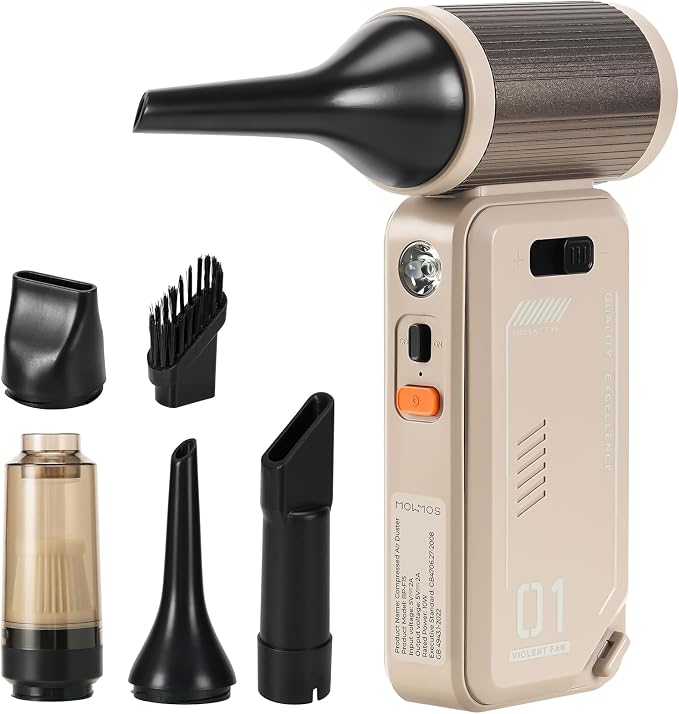 Compressed Air Duster - 130000RPM Rechargeable Electric Cordless Blower, Built-in Cable Power Bank, Vacuum Cleaner with Stepless Speed for Computer Keyboard, Car, Home and Outdoor - Camel
