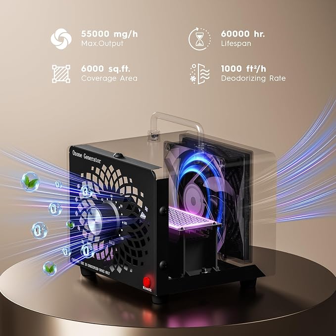 2026 Upgraded Ozone Generator, High Capacity Ozone Machine Odor Removal Up to 6000 Sq.Ft, for Car/Home/Smoke/Pet Odor, Black