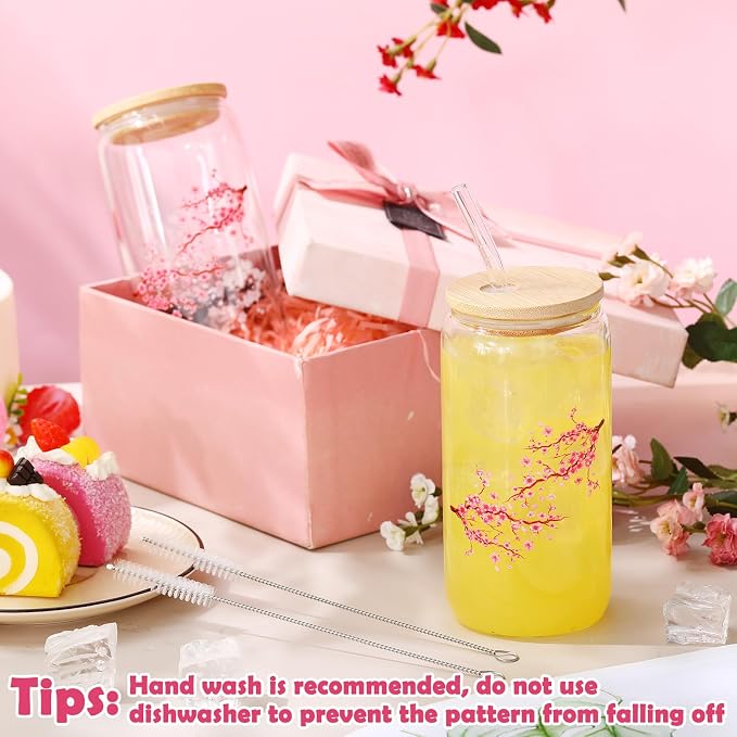 Sliner 2 Pcs Cherry Blossom Glass Cups Floral Drinking Glasses Sakura Iced Coffee Tumbler with Lid Straw Cleaning Brush 16 oz Beer Can Tumbler Holiday Gifts for Home Office Decorations