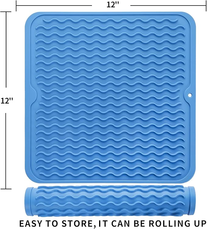 MicoYang Silicone Dish Drying Mat for Multiple Usage,Easy clean,Eco-friendly,Heat-resistant Silicone Mat for Kitchen Counter or Sink,Refrigerator or Drawer liner Lichen BlueL M 12 inches x 12 inches