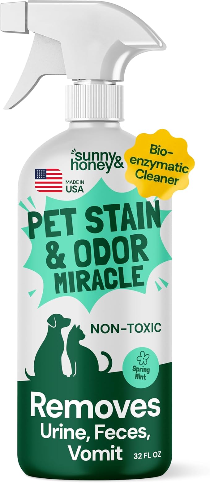 Sunny & Honey Pet Stain and Odor Remover - Enzyme Cleaner for Dog Urine and Poop on Carpets and Furniture - Strong Pet Carpet Cleaner Spray (32fl oz Mint)