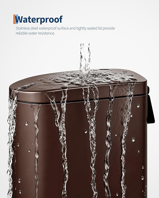 Garvee 2.6 gal / 10 L Metal Bathroom Trash Can with Lid, Slim Waterproof Garbage Can for Bedroom, Small Step-on Trash Bin with Inner Bucket, Rear Handle, Soft Close Lid, Brown