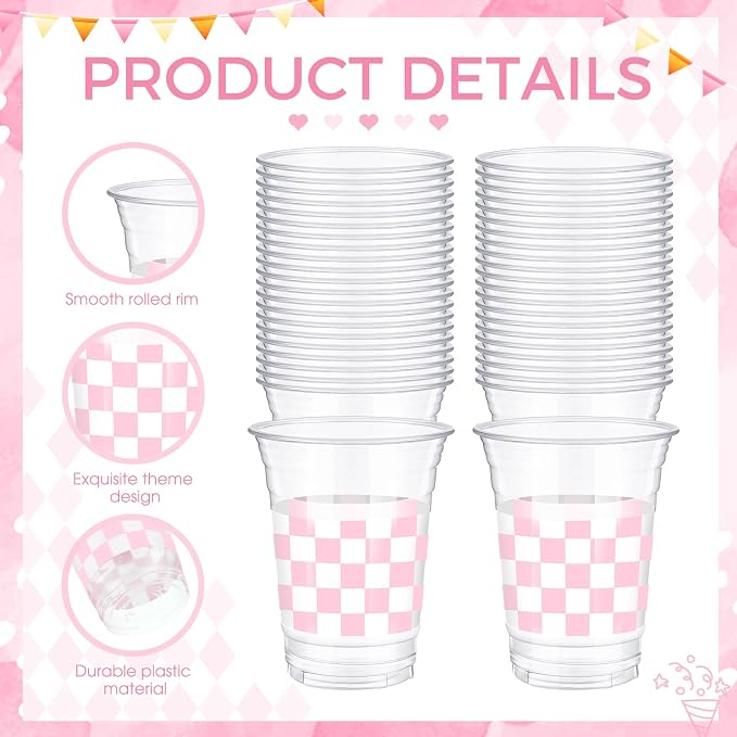 SiliFine 50 Pcs 12 oz Pink Checkered Plastic Cups Clear Disposable Gingham Plaid Party Cups for Racing Theme Birthday Wedding Baby Shower Party Decorations
