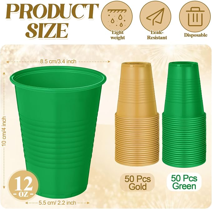 Funnymoom 100 Pcs Green and Gold Disposable Plastic 12 oz Party Drinking Cups Green Gold Graduation Water Beverage Cups for Barbecues Picnics Festival Birthday Party Supplies