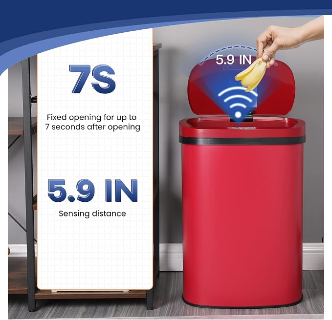 Furniture of America Verbena 13 Gallon Metal Household Trash Can with Motion Sensor Lid for Kitchen, Red