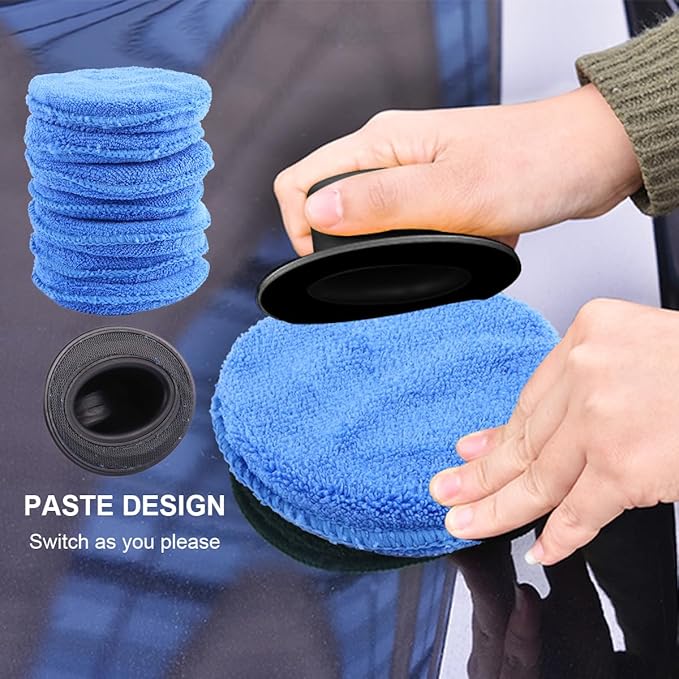 Garneck 7pcs Car Wax Applicator Pads Kit with 1pcs Handle 5'' Microfiber Soft Foam Waxing Pad with Grip Handle for Car Furniture Glass Boat Polishing Sanding Cleaning Blue
