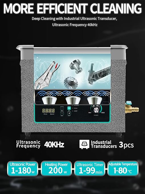 Ultrasonic Cleaner 6L, Sweep Function, 180W Power Adjustable Ultrasonic Parts Cleaner for Cleaning Carburetor, Metal Engine Parts, Gun, Oil Filter, Bike Chain, Gear, Eyewear, Watch, Jewelry