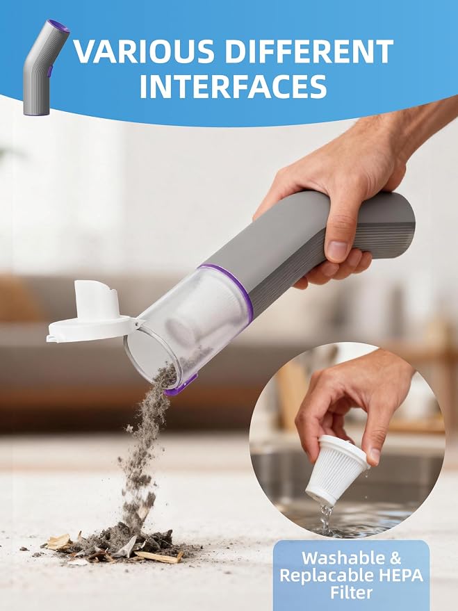 Vogano Car Vacuum Cleaner Cordless, 15KPa High Power, Portable Mini Handheld Vacuum Air Duster with 2 Suction Modes & Multi-Nozzles for Desk Home Office Pet Hair, Silver