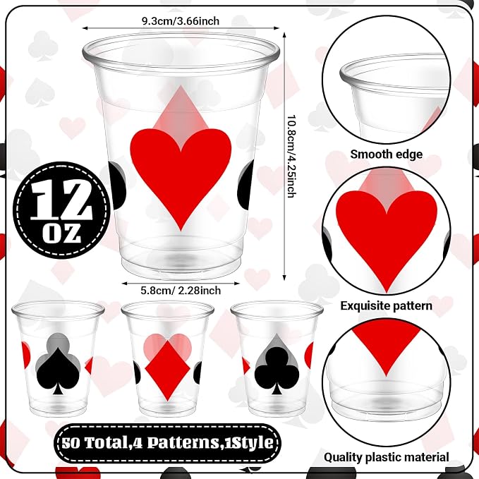 Yaomiao 50 Pcs Casino Theme Cups 12 oz Poker Cups Casino Party Decorations Plastic Las Vegas Disposable Shot Cup Plastic Game Night Decorations for Hot Cold Drink Las Vegas Poker Game Party Supplies