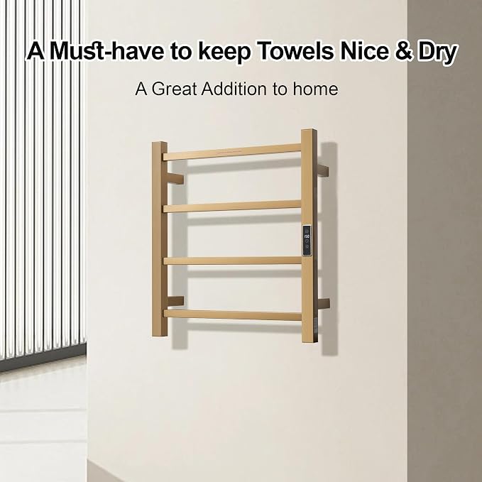 Electric Heated Towel Warmer - Wall Mounted Bathroom Towel Rack, Plug-in Design & Gold Brushed Stainless Steel Finish Gold with Timer & Temperature Control, 4 Bar