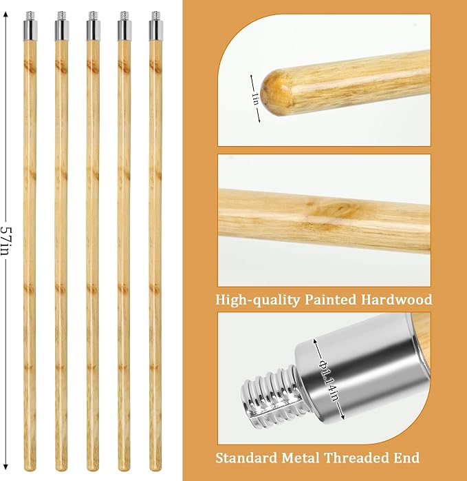 57-inch Wooden Broom Handle with Metal Threaded End, Sturdy Wood Broom Stick Pole for Home and Commercial Floor Cleaning(10 Pack)
