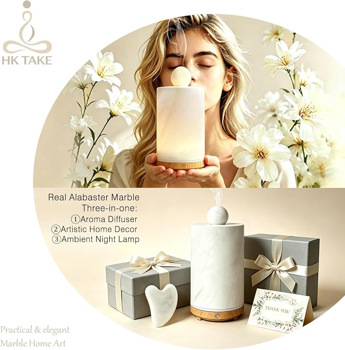 Marble Essential Oil Diffuser Machine Scent Air Humidifier for Home and Bedroom Spas Self Care Wellness Gift Set for Woman Stone Aromatherapy Diffuser (Alabaster, Cylindrical, 100, Milliliters)