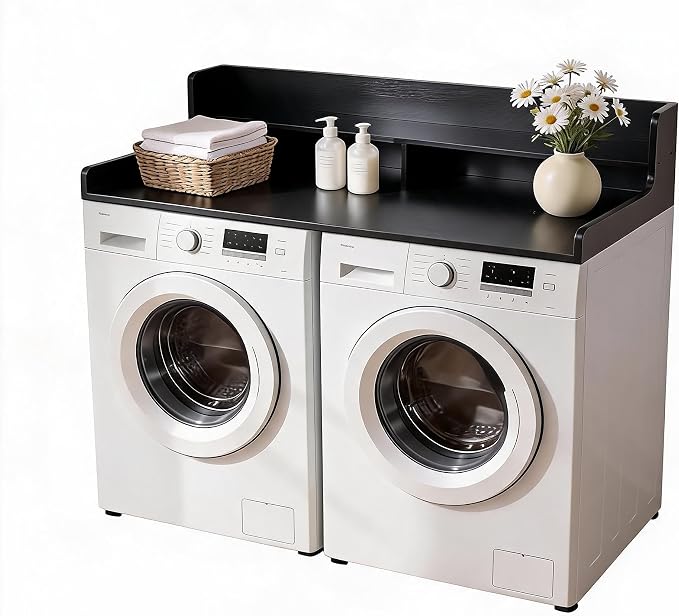 Takywep 2 Tiers Washer Dryer Countertop, 54" x 27.5" Washer Dryer Topper with Edge, Washer and Dryer Laundry Topper with Anti-Slip Pads & Anti-Vibration Mat, Black