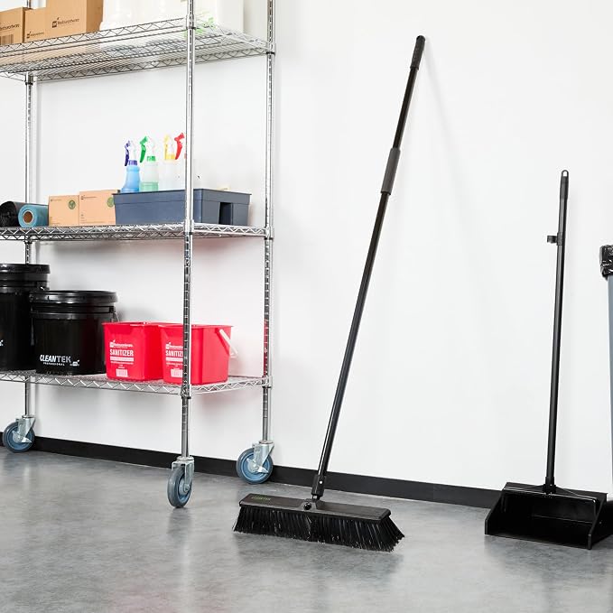 Restaurantware-Clean Tek Professional 17.13 Inch Push Broom, 1 Heavy-Duty Broom with 59” Handle - Medium Bristles, 2 Handle Attachment, Wooden, Commercial Use, for Deck, Garage, Yard, Patio