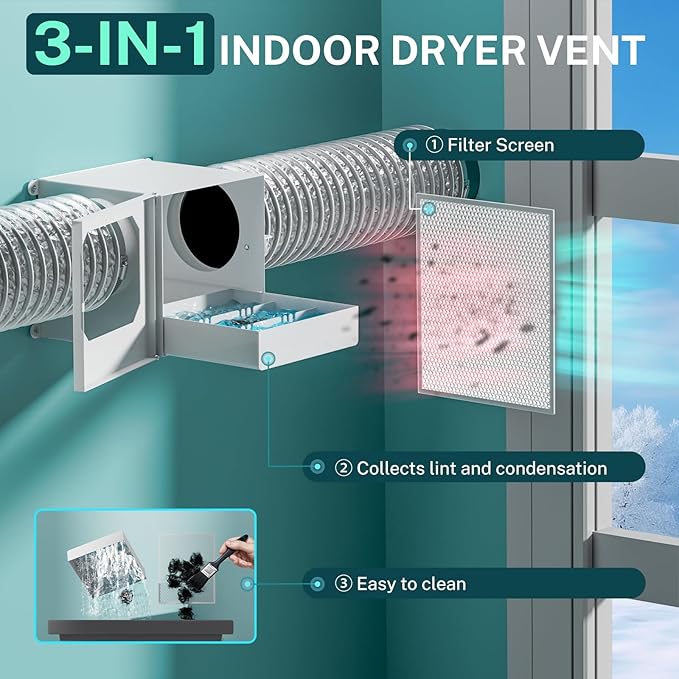Upgrade Metal Dryer Duct Lint Trap, HG Power Indoor Dryer Vent Catcher Kit with Stainless Steel Mesh & Water Drawer to Collect Lint for Electric Dryer with 4 Inch 8FT Dryer Vent Hose, 2 Clamps