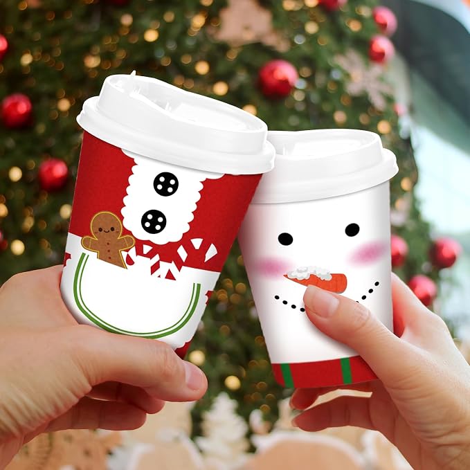 Gerrii 100 Set Christmas Paper Cups Disposable 12 oz with Lids Hot Chocolate Cups Coffee Cups Holiday Hot Cups for Hot and Cold Drinks Tea Water Bar Supplies Winter Season (Cute Style)