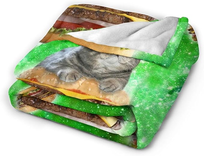Tijuboni Hamburger Cat Throw Blanket Funny Cat Gifts for Girls Boys Women Men Kids Adults Soft Flannel Fleece Blanket for Couch Sofa Bed Home Decor 50"x60"