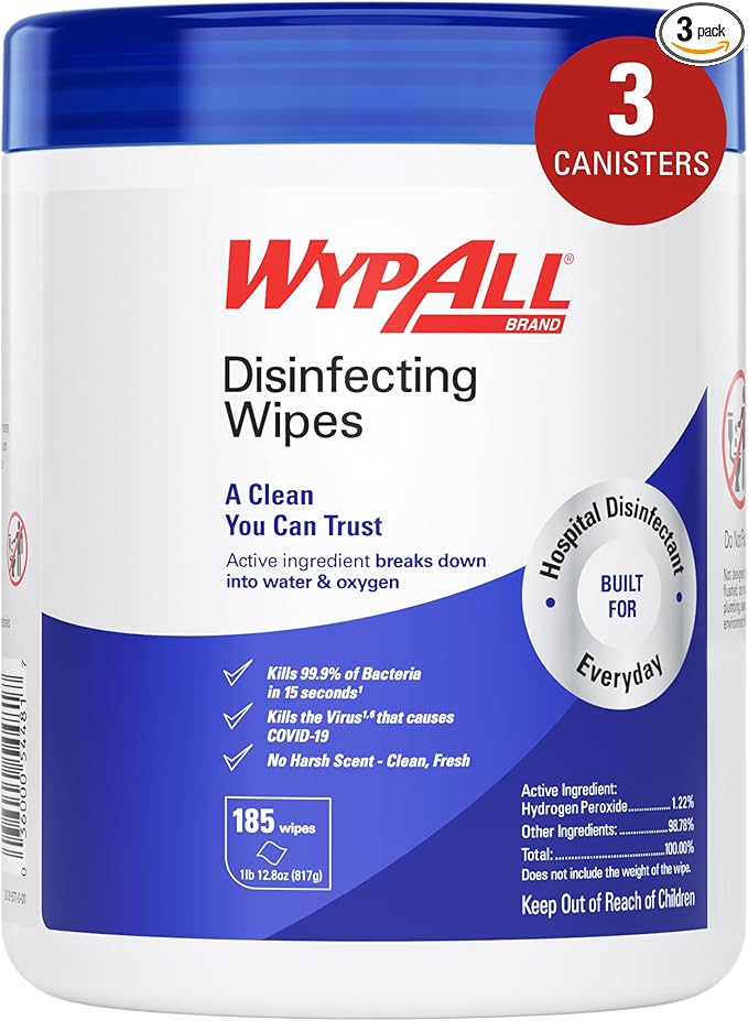 WypAll® Brand Disinfecting Wipes (54481), Hydrogen Peroxide Disinfectant Cleaner for Commercial, Industrial & Healthcare, 5.75"x7" Wipes, Fresh Scent (3 Canisters of 185 Sheets)
