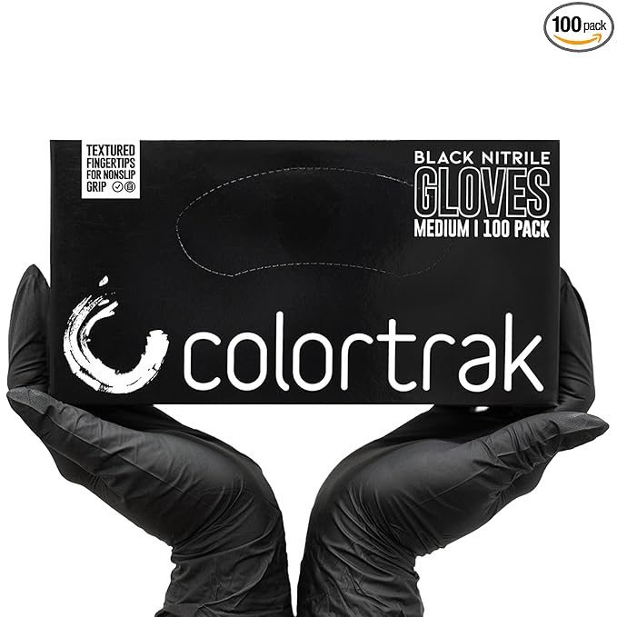 Colortrak Disposable Nitrile Gloves, Black, Luminous Collection Latex-Free, Powder-Free Hair Color Gloves for Chemical Processing & Salon Services, 100 Count, Medium