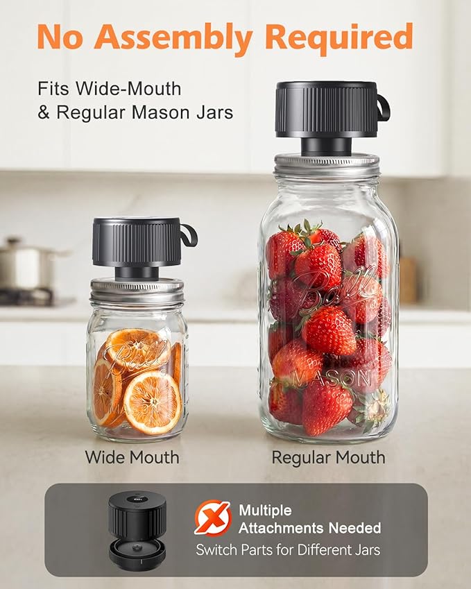 Electric Mason Jar Vacuum Sealer Kit, [2026 Upgraded] Automatic Cordless Jar Sealer for Wide & Regular Mouth Jars, One-Touch Food Saver for Canning, Homesteading & Meal Prep