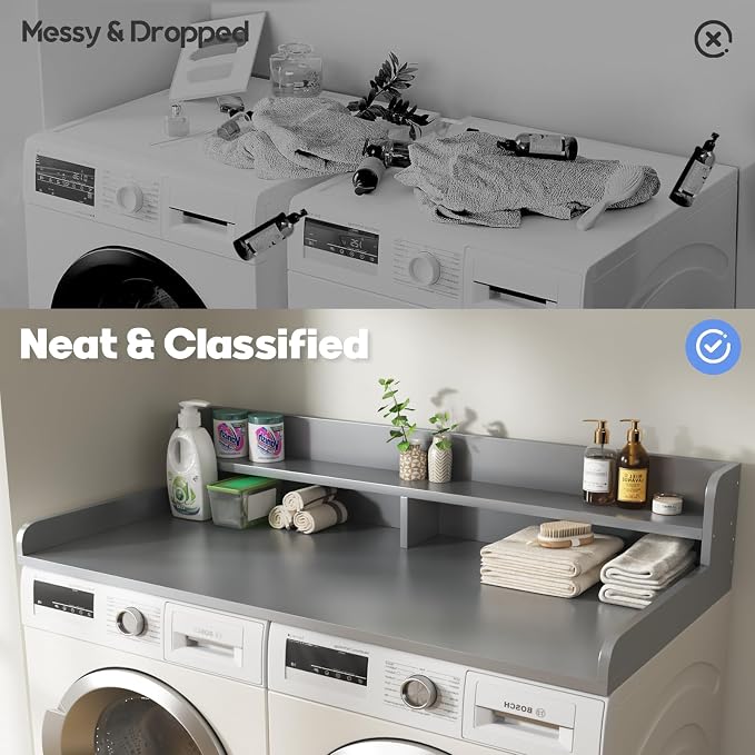 2-Tier Washer and Dryer Countertop with 2.75" H Guard,58" W x 28" D Laundry Countertop Cover with Non-Slip Pad,Large Space Laundry Topper for Folding Clothes Over Washer and Dryer-Grey