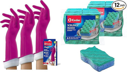 O-Cedar Multi-Use Scrunge Scrub Sponge (12 CT) with Playtex Living Reuseable Rubber Cleaning Gloves (Medium, 3 Pairs)