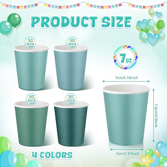 200 Pcs Sage Green Paper Cups 7 oz Disposable Party Cups Bulk for Birthday Rainbow Party Supplies DIY and Holiday Hot Cold Beverage