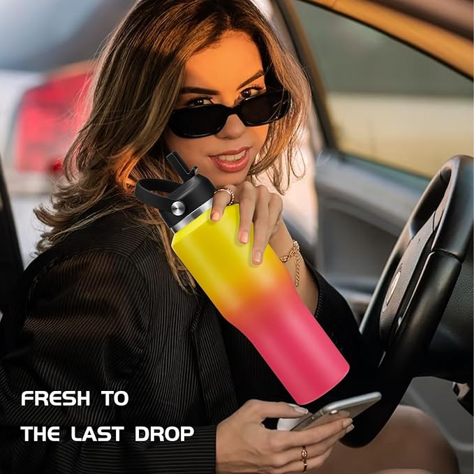 32oz Stainless Steel Water-Bottle with Straw -Keeps Cold 48h & Hot 24h, Insulated Water Bottles w/Strap Carrier Pouch & Boot, Travel Cup Fits in Car Cup Holder