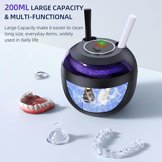 EcoBasic Ultrasonic Retainer Cleaner Machine, 45kHz Dental Cleaning Pod with UV-C Light, 200ML Denture Cleaner with 4 Modes Deep Cleaning for Retainers, Aligners, Mouth Guards, Dentures & Jewelry
