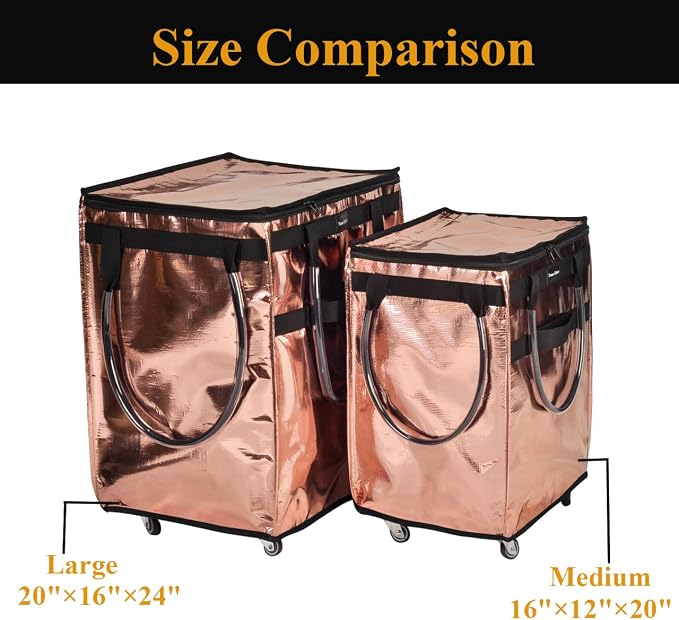 Reusable Grocery Bag On Wheels Large Capacity Shopping Trolley Foldable Rolling Tote Bag with Heavy Duty Handle for Travel (Rose Gold, Large)