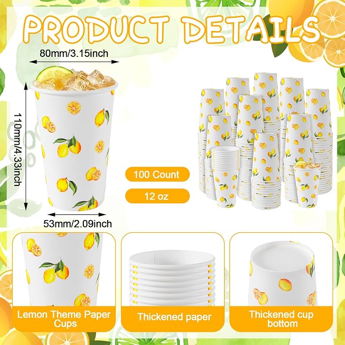 Jansun Lemonade Stand Supplies for Kids, 100 Pcs Lemonade Paper Cups Disposable Lemonade Stand Cups Bathroom Mouthwash Drinking Cups for Summer Party Picnics Barbecues Traveling Hot Cold Beverage