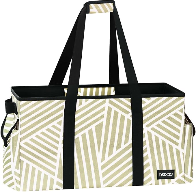 Standing Extra Large Utility Tote Bag with Hard Bottom & Hard Sides, Heavy Duty Reusable Grocery Bags with Handles & 3 Pockets for Shopping, Picnics, Camping, Laundry, Car, Beach Tote Bag