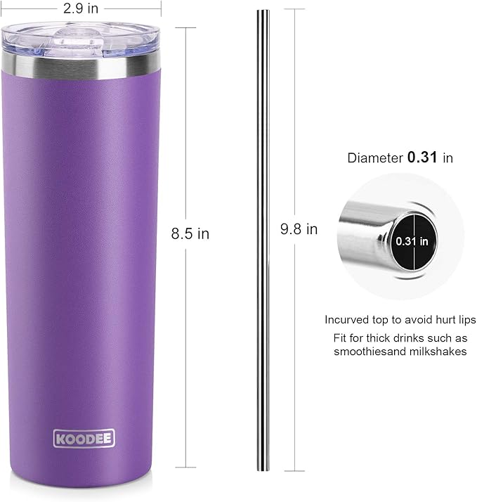 koodee 20 oz Skinny Tumbler with Straw, Stainless Steel Double Wall Insulated Slim Tumbler for Women/Men Diy Birthday Gift (Purple)