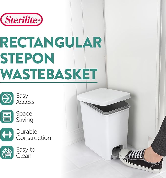 Sterilite 2.7 Gallon Rectangular Step On Kitchen Trash Bin Plastic Indoor Wastebasket with Removable Liner and Bag Holding Feature, White (4 Pack)