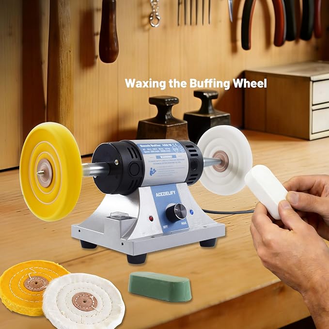 450W Jewelry Polisher, Variable Speed Bench Polishing Machine, Profesional Desktop Buffer Motor with 4'' Cotton, 3'' Fiber Buffing Wheels, Safe Glasses, Polish Compound for Jewelry Metal