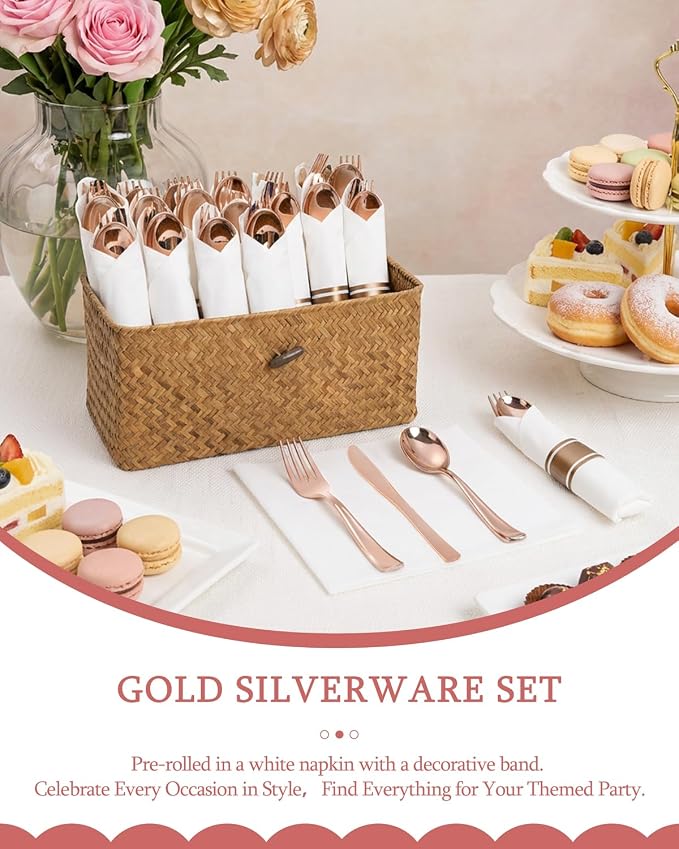 Supernal 240Pcs Rose Gold Plastic Silverware Set with Napkins - Pre Rolled Disposable Cutlery (60 Forks, 60 Knives, 60 Spoons) - Heavy Duty Utensils for Wedding, Bridal Shower & Elegant Parties